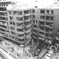 Panoramic view of the destroyed buildings the day after a car bomb exploded on Tarata Street